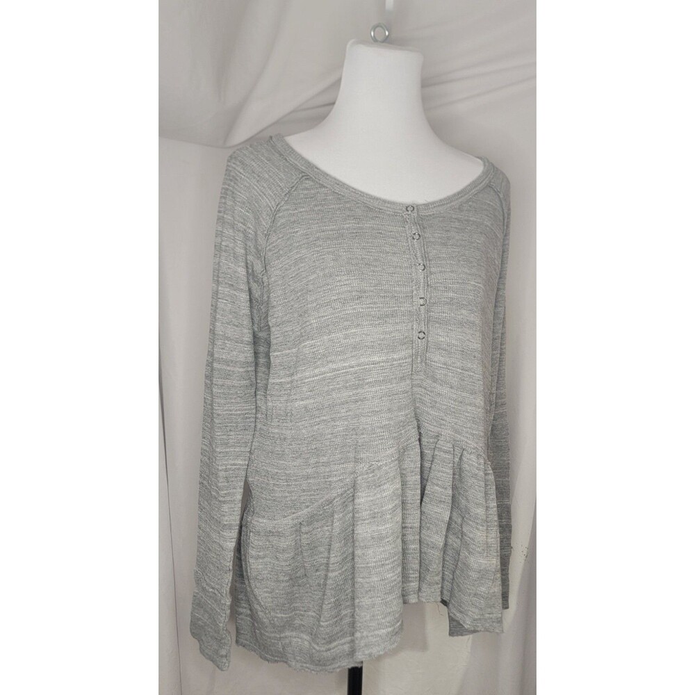 Free People Coastline Peplum Top Womens Large Gray Henley Thermal Long Sleeve